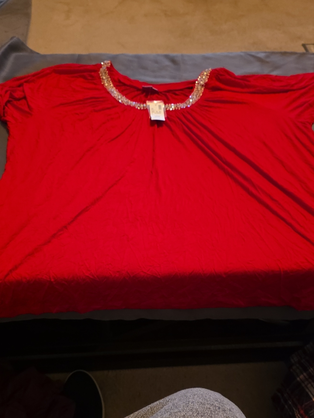 Avenue Red Short Sleeve Top with Jeweled Neckline